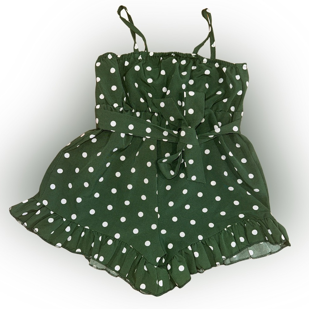 SHEIN Kids Green and White Polka Dot Romper